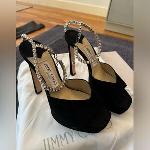 Jimmy Choo Black Suede Platform Saeda Sandal with crystal chain size 37